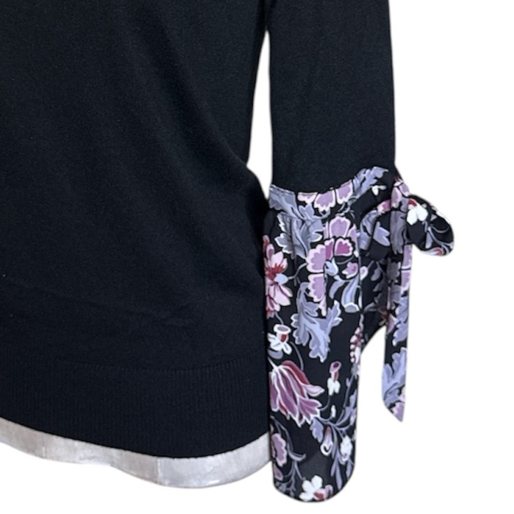 LOFT Black Crew neck lightweight sweater 3/4 Sleeve floral sleeves XS Like New - Picture 15 of 15